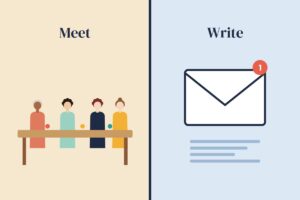 A split image comparing a meeting with an email