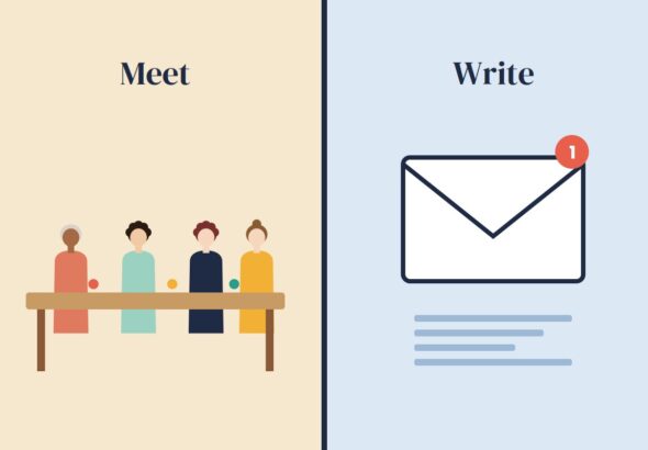 A split image comparing a meeting with an email