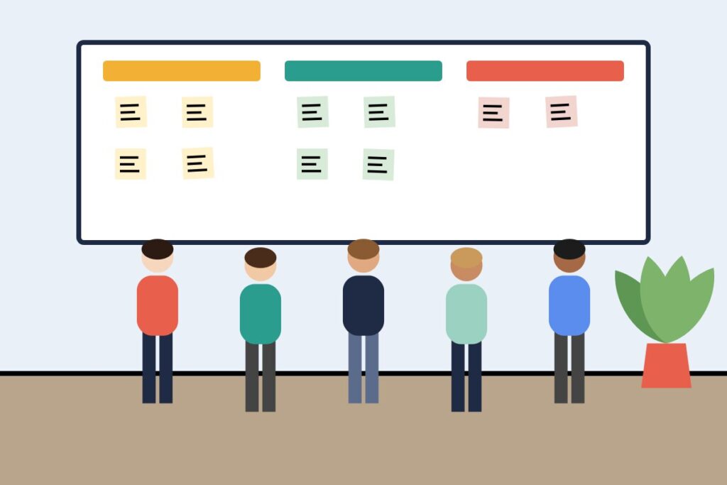 A team standing in front of a task board during a stand-up