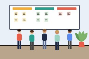 A team standing in front of a task board during a stand-up