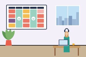 A weekly calendar with two blank focus days and a person working with headphones