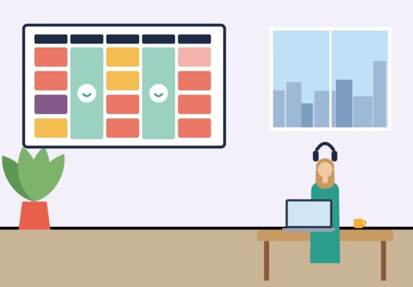 A weekly calendar with two blank focus days and a person working with headphones
