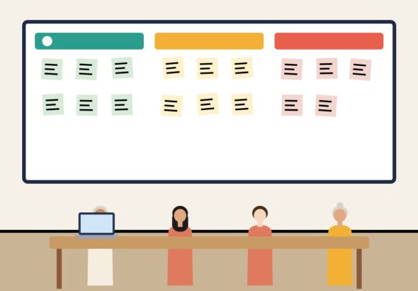 A team reviewing sticky notes sorted into three columns on a wall