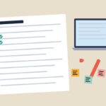 A notebook with a checklist next to a laptop and sticky notes