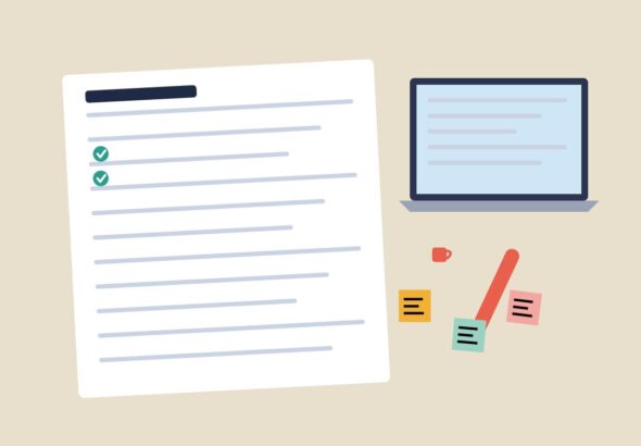 A notebook with a checklist next to a laptop and sticky notes