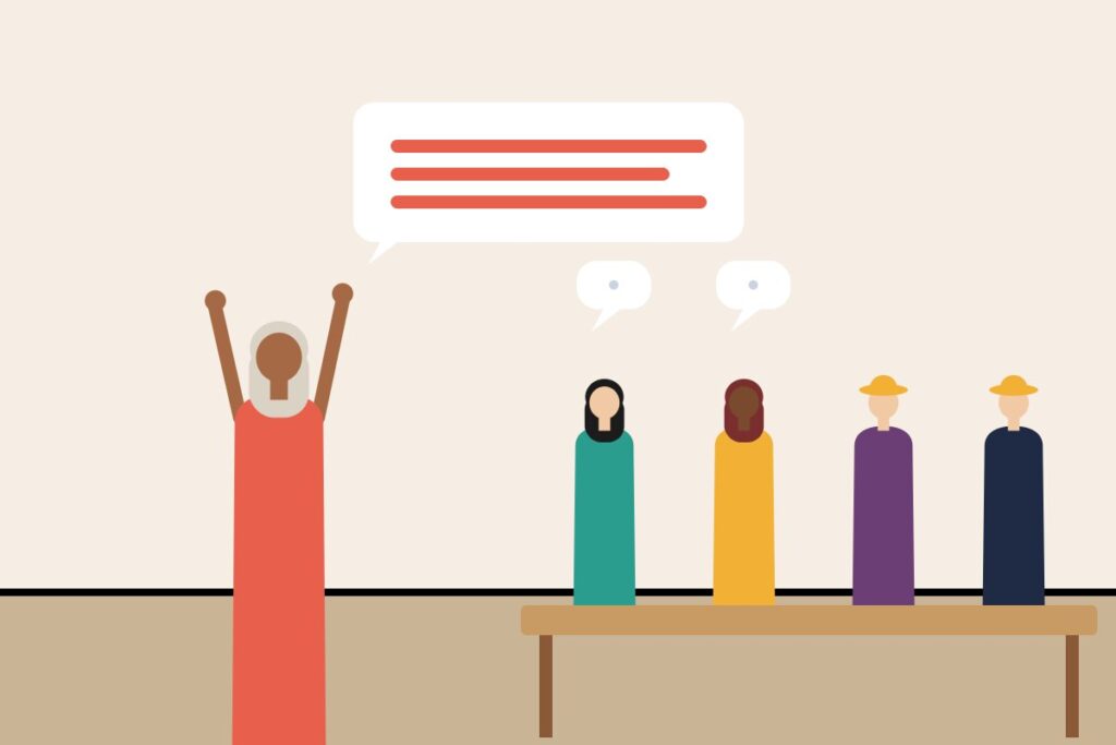 One person speaking at length while colleagues listen