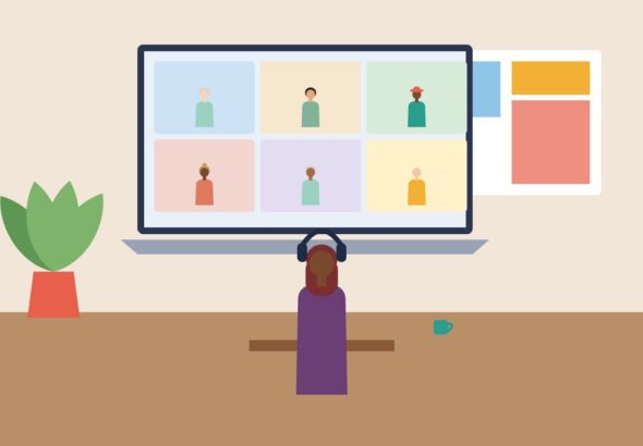 A person wearing a headset on a video call with several colleagues